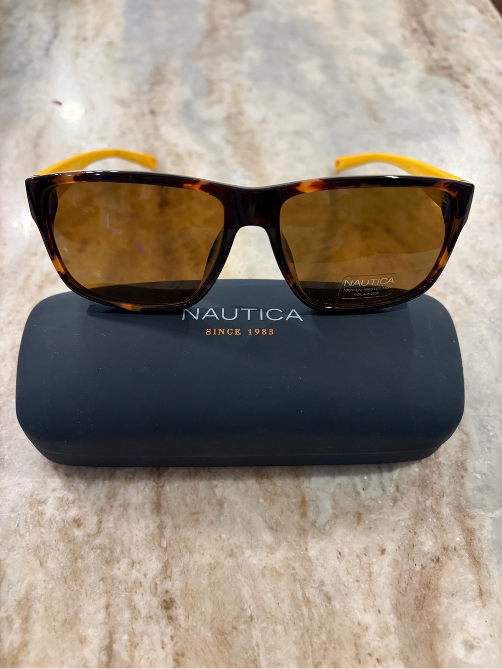 Nautica Men’s Tortoise Frame Sunglasses with Yellow Temples and Brown Lenses